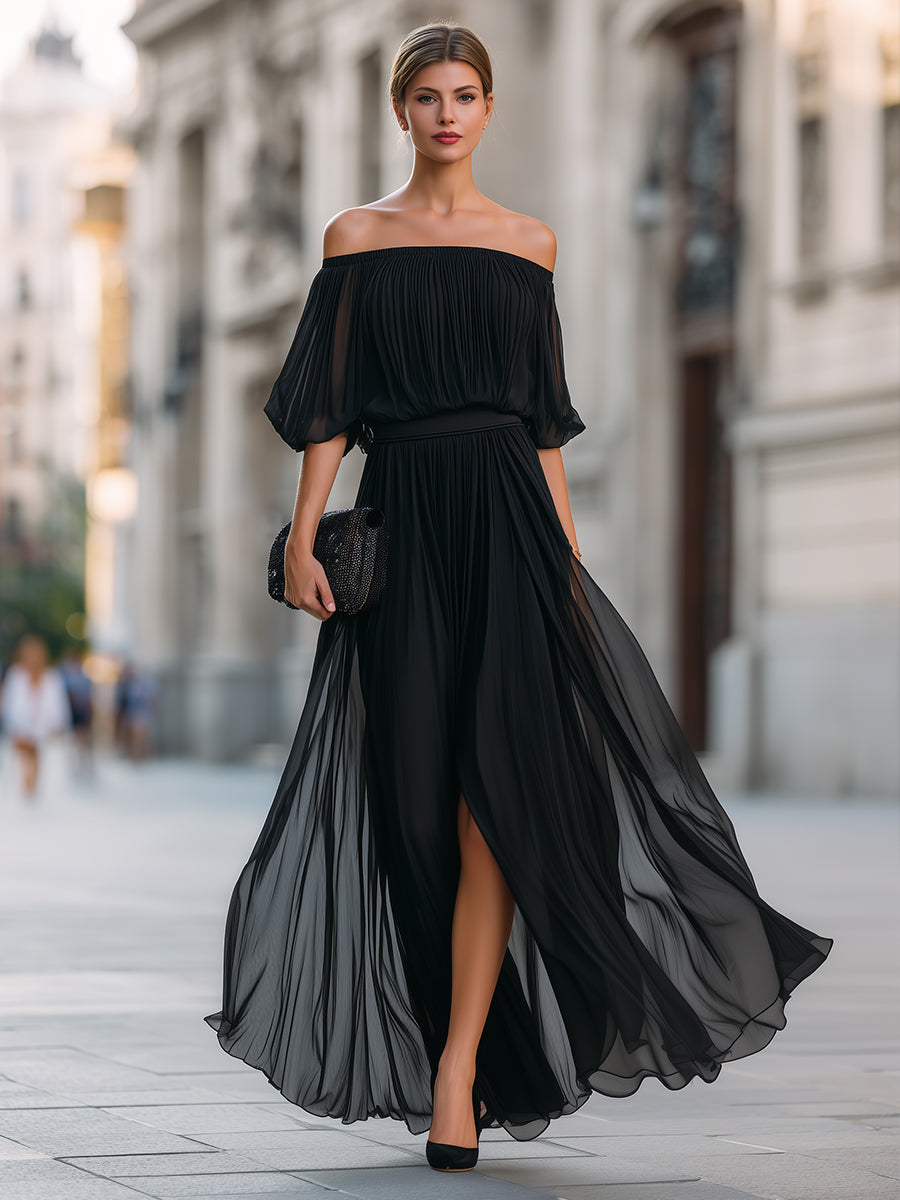 Women's Off Shoulder Pleated Chiffon Slit Maxi Dress