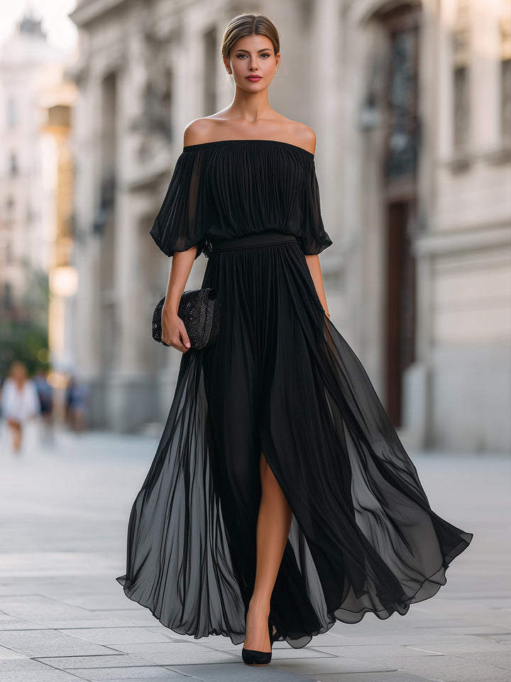 Women's Off Shoulder Pleated Chiffon Slit Maxi Dress