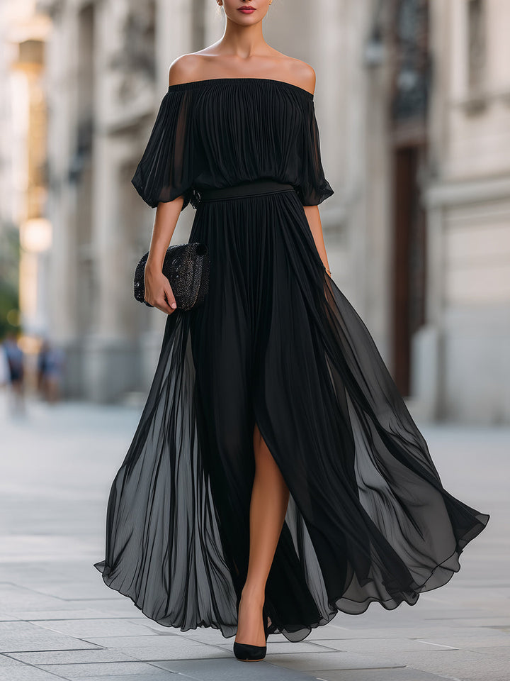 Women's Off Shoulder Pleated Chiffon Slit Maxi Dress