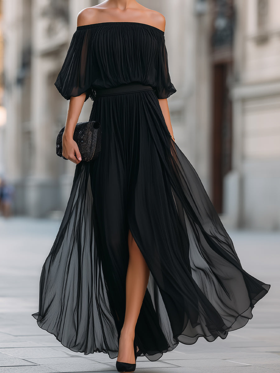 Women's Off Shoulder Pleated Chiffon Slit Maxi Dress