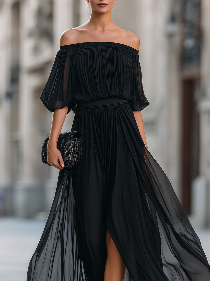 Women's Off Shoulder Pleated Chiffon Slit Maxi Dress