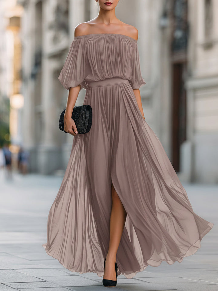 Women's Off Shoulder Pleated Chiffon Slit Maxi Dress
