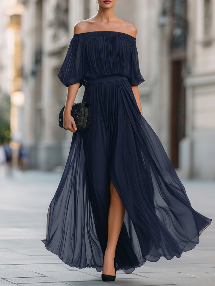 Women's Off Shoulder Pleated Chiffon Slit Maxi Dress