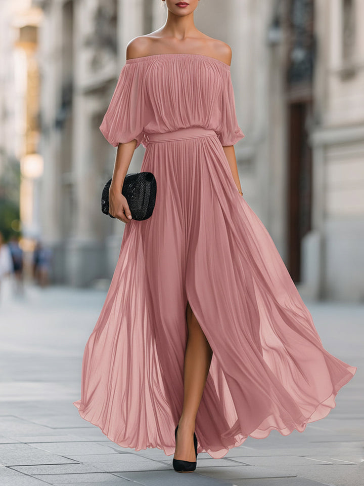 Women's Off Shoulder Pleated Chiffon Slit Maxi Dress