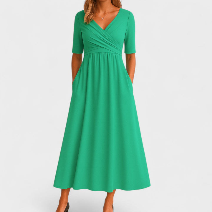 Women's V-Neck Wrap Bodice Midi Dress with Pockets