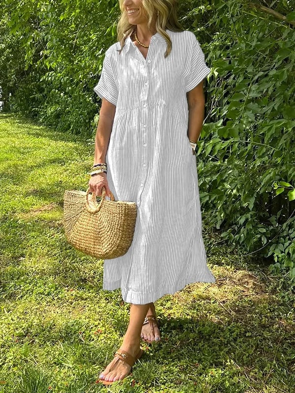 Women's Striped Button Front Midi Shirt Dress Short Sleeve