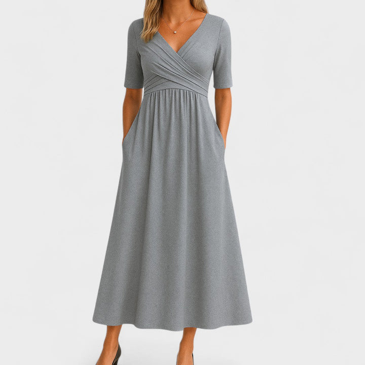Women's V-Neck Wrap Bodice Midi Dress with Pockets