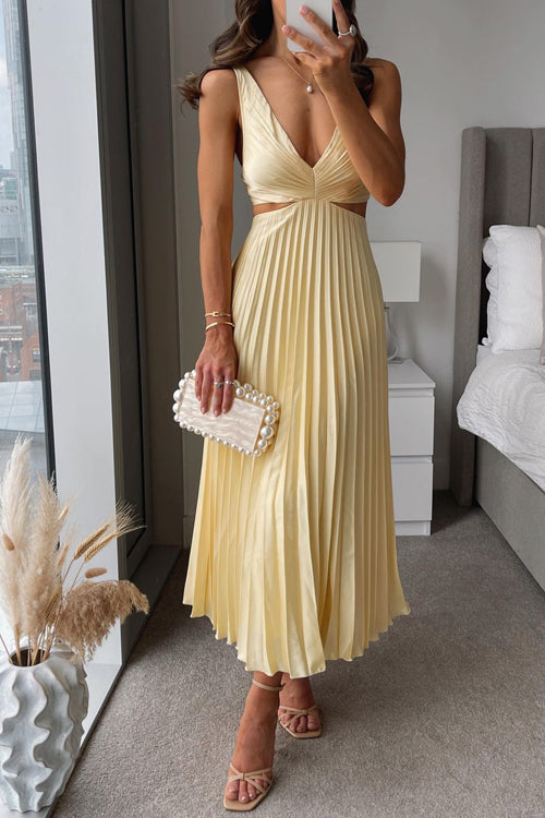 Women's Pleated V-Neck Maxi Dress for Wedding Guest