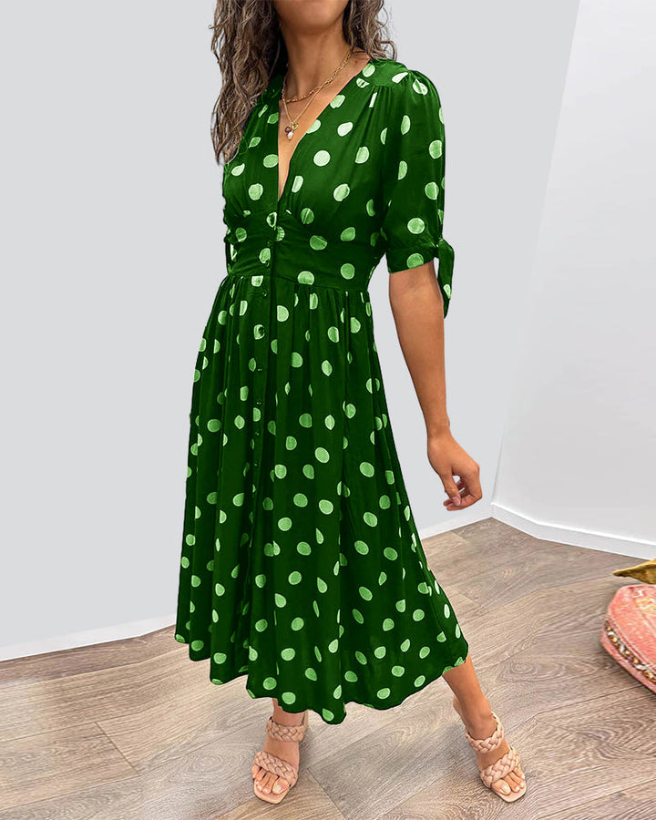 Women's Polka Dot V-Neck Midi Dress with Belt