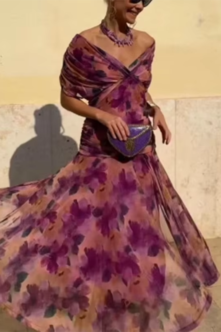 Women's V-Neck Maxi Dress with Pleated Waist