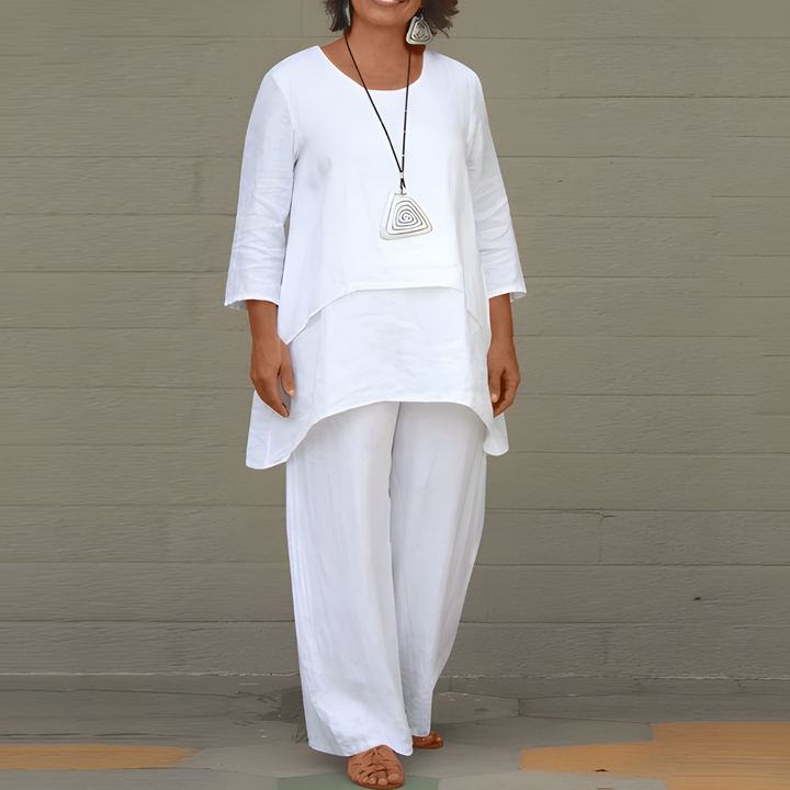 Women's Linen 3/4 Sleeve Top Wide Leg Pants Lounge Set