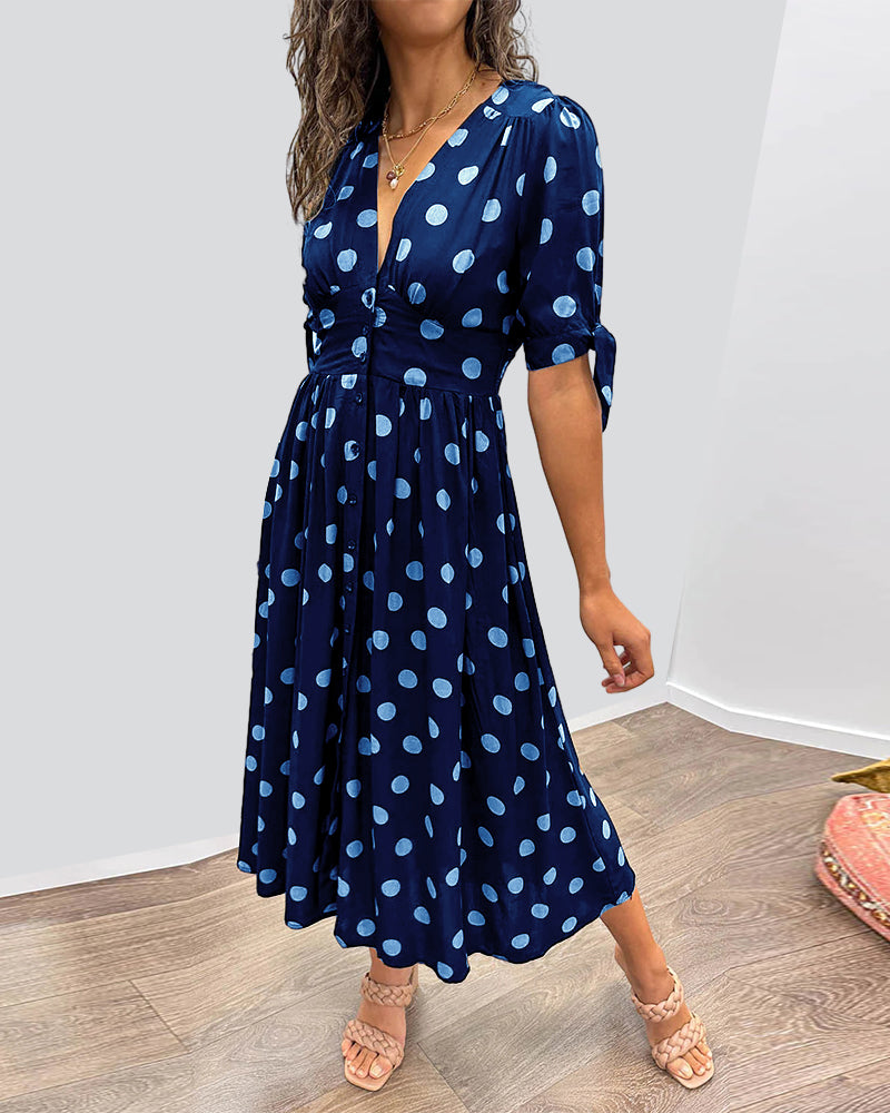 Women's Polka Dot V-Neck Midi Dress with Belt
