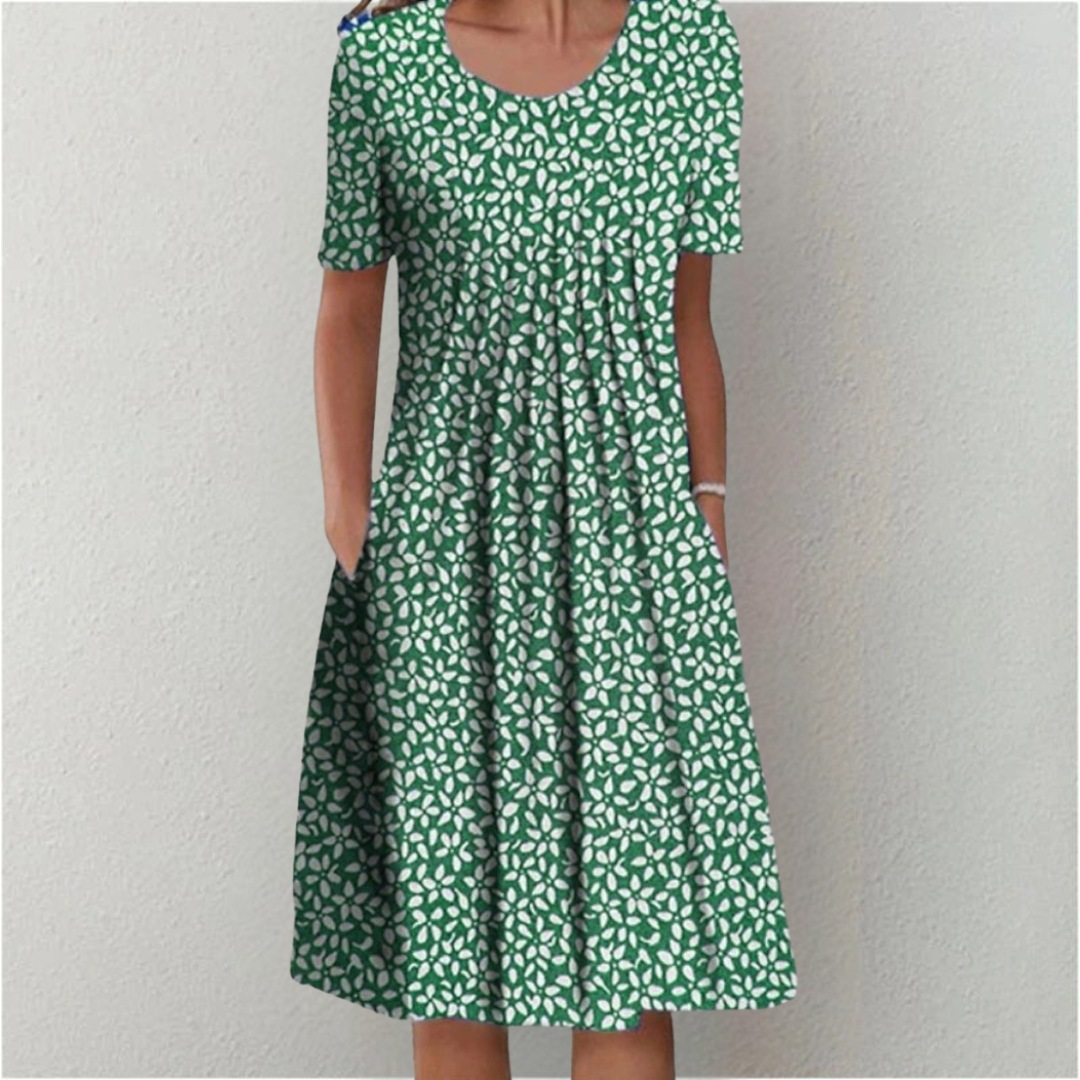 Women's Floral Midi Dress Short Sleeve Round Neck Pockets