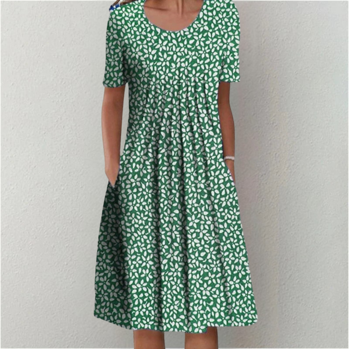 Women's Floral Midi Dress Short Sleeve Round Neck Pockets