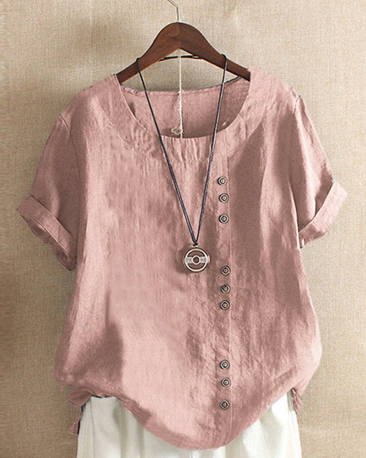 Women's Linen Button Front Crew Neck Short Sleeve Top