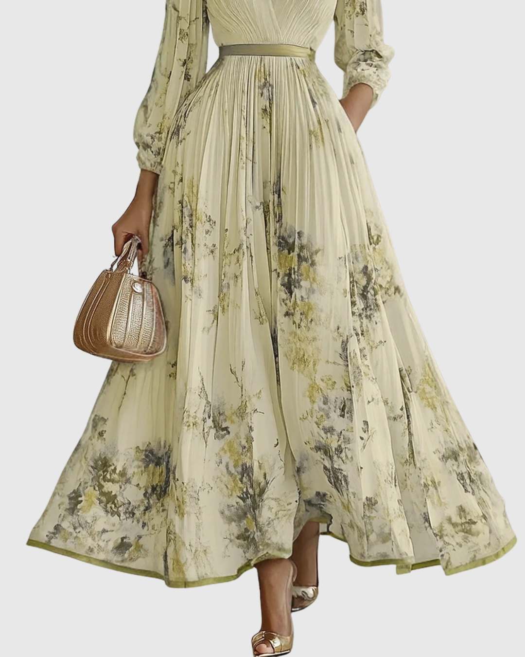 Women's Floral V-Neck Pleated Maxi Dress Ribbon Waist