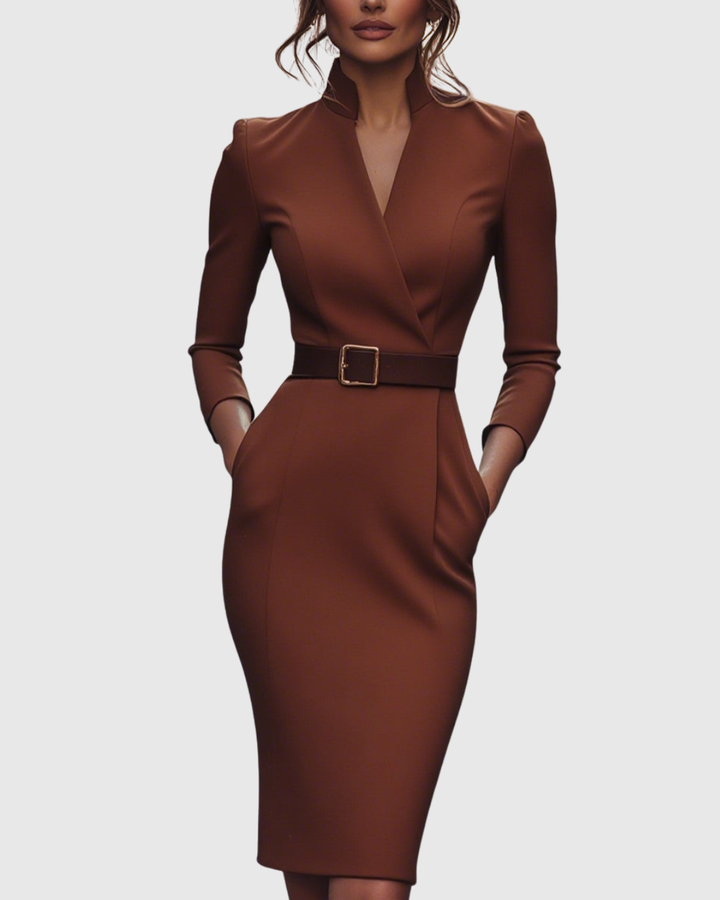 Women's Belted Pencil Midi Dress Long Sleeve V-Neck