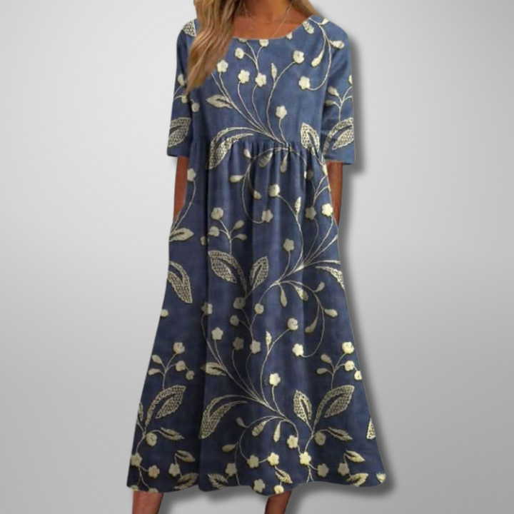 Women's Floral Print Round Neck Flowy Midi Dress