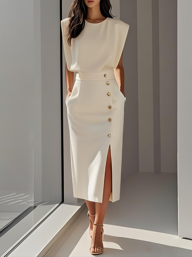 Women's Sleeveless Midi Dress Button Detail Side Split