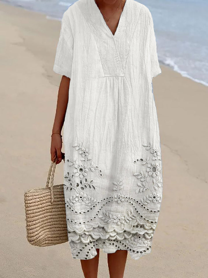 Women's V-Neck Lace Hem Short Sleeve Midi Dress
