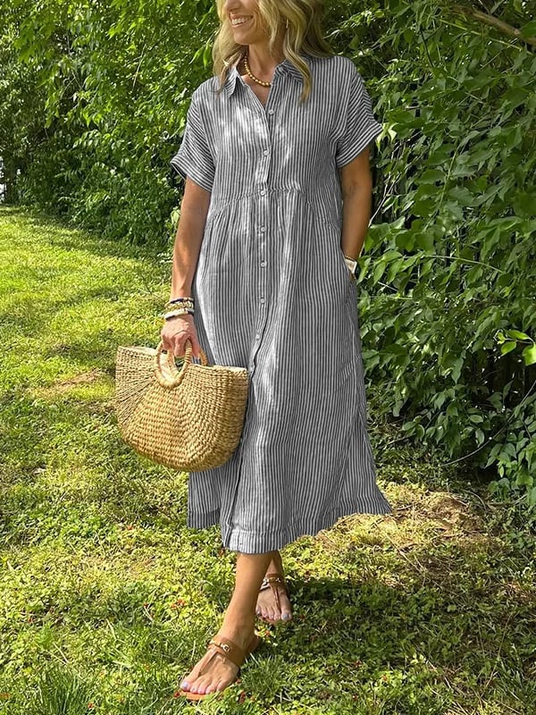 Women's Striped Button Front Midi Shirt Dress Short Sleeve