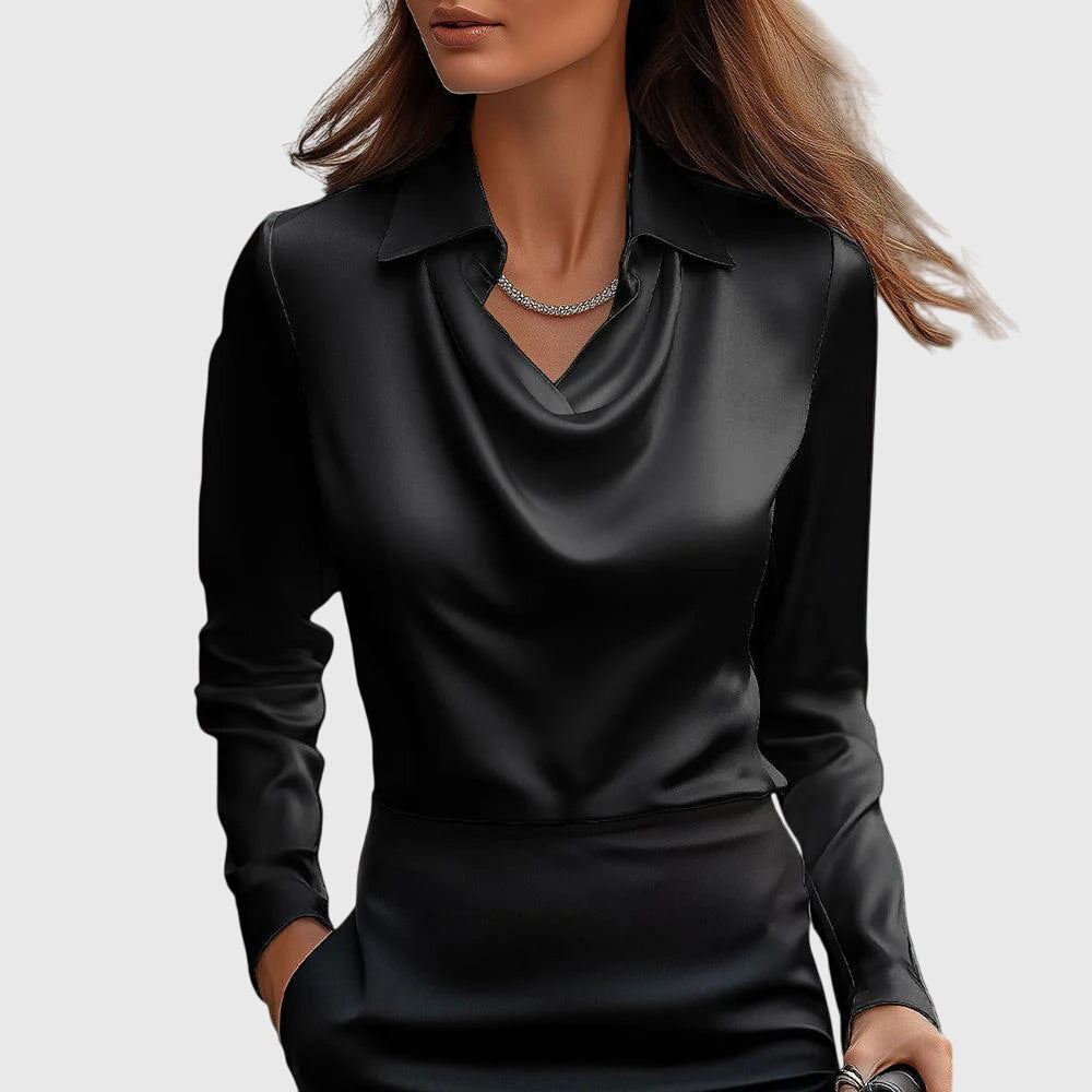 Women's Satin Cowl Neck Blouse with Long Sleeves