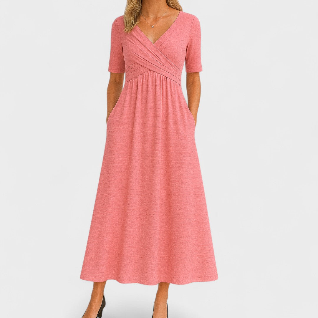 Women's V-Neck Wrap Bodice Midi Dress with Pockets