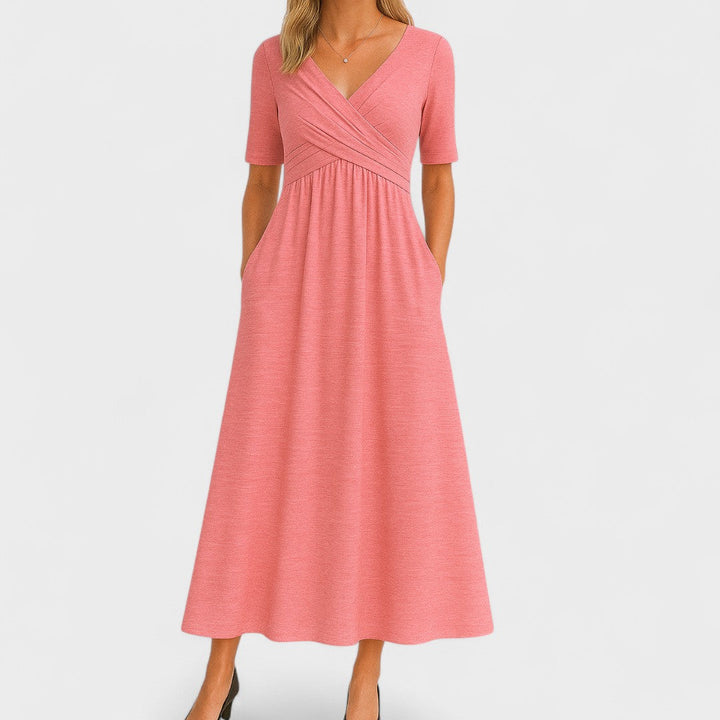Women's V-Neck Wrap Bodice Midi Dress with Pockets