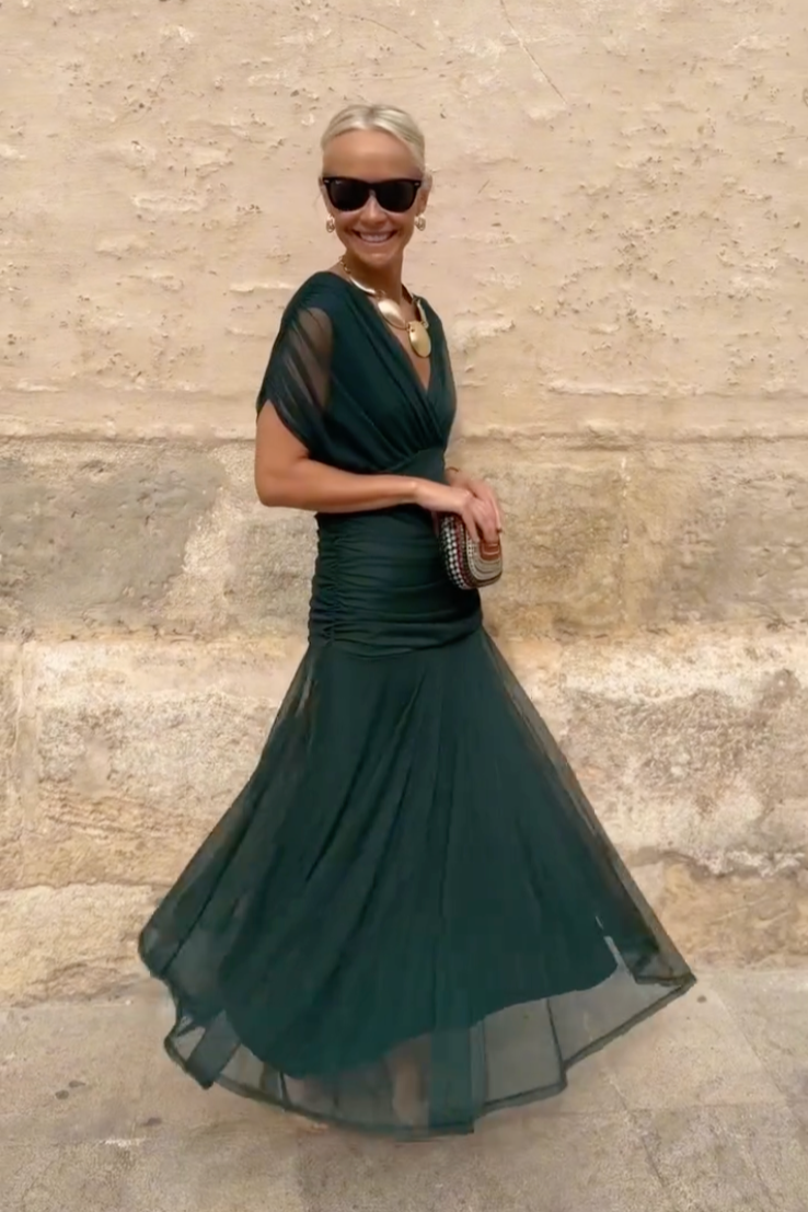Women's V-Neck Maxi Dress with Pleated Waist
