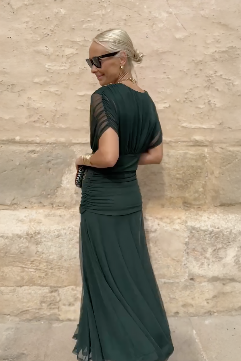 Women's V-Neck Maxi Dress with Pleated Waist