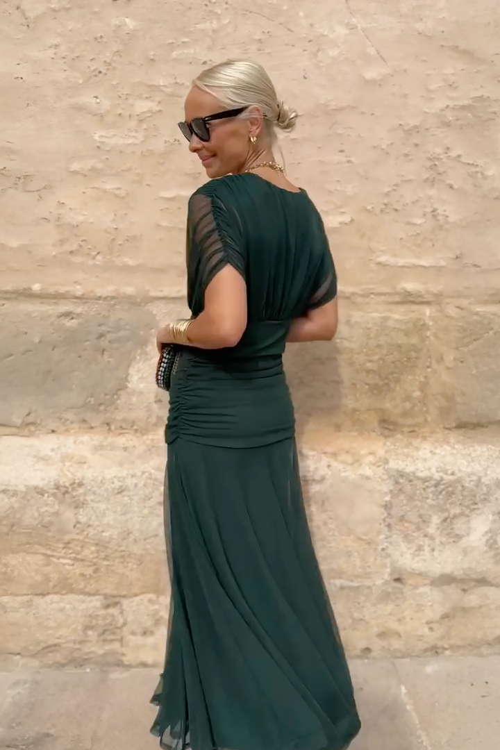 Women's V-Neck Maxi Dress with Pleated Waist