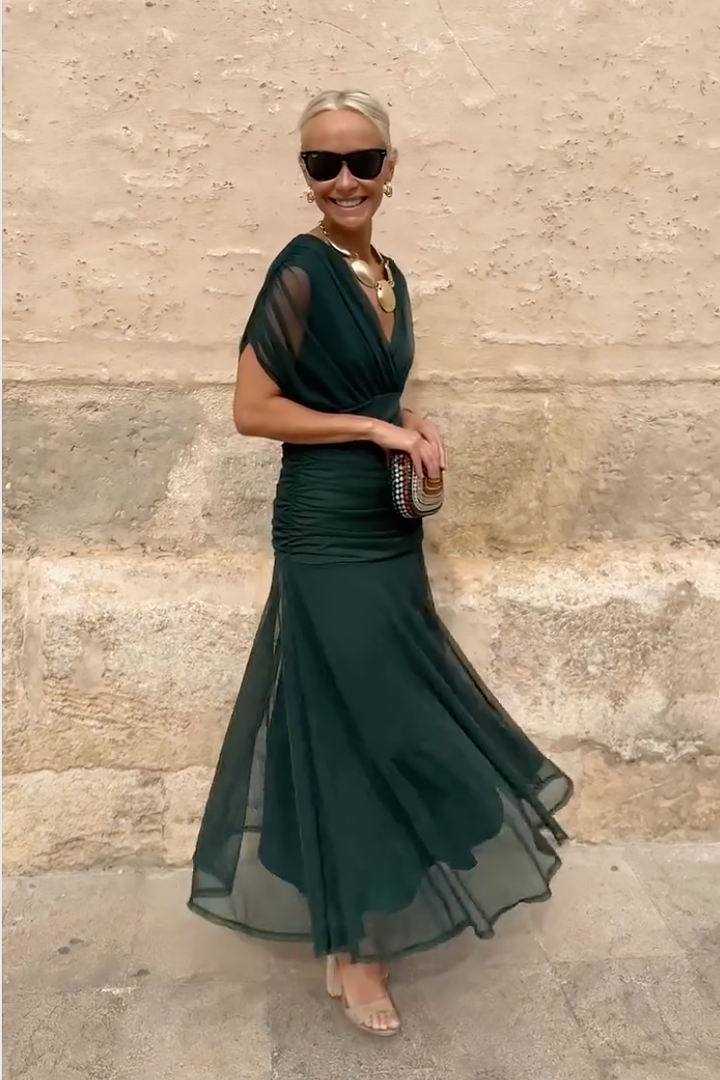 Women's V-Neck Maxi Dress with Pleated Waist