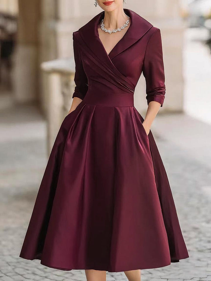 Women's Elegant A-Line Midi Dress with V-Neck