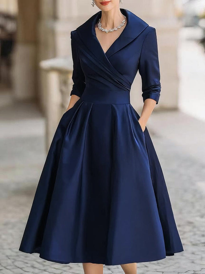 Women's Elegant A-Line Midi Dress with V-Neck