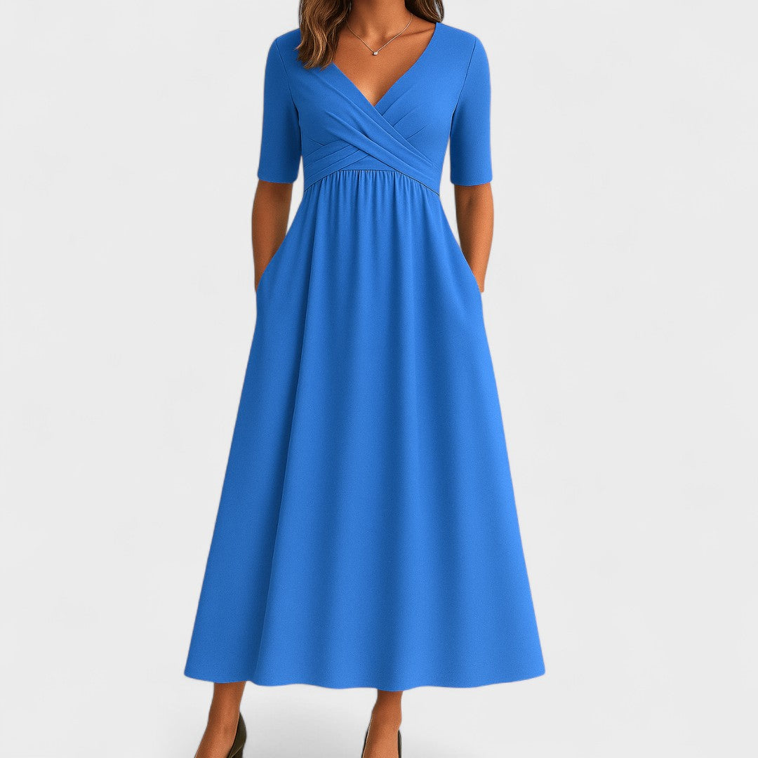 Women's V-Neck Wrap Bodice Midi Dress with Pockets