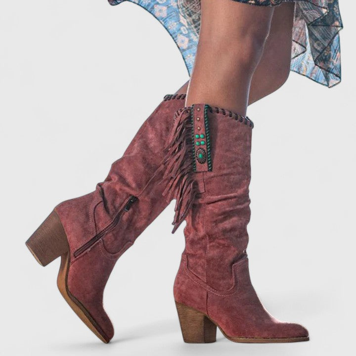Women's Boho Fringe Embroidered Block Heel Western Knee-High Boots