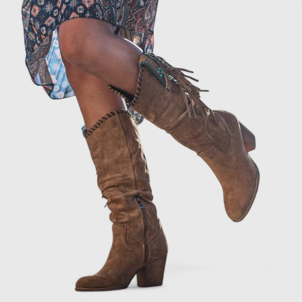 Women's Boho Fringe Embroidered Block Heel Western Knee-High Boots