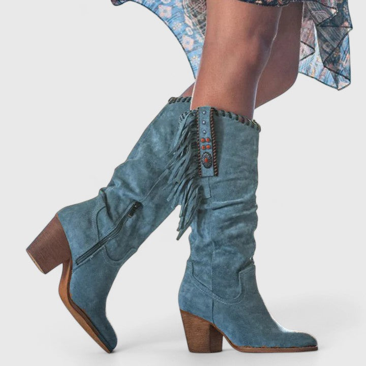 Women's Boho Fringe Embroidered Block Heel Western Knee-High Boots