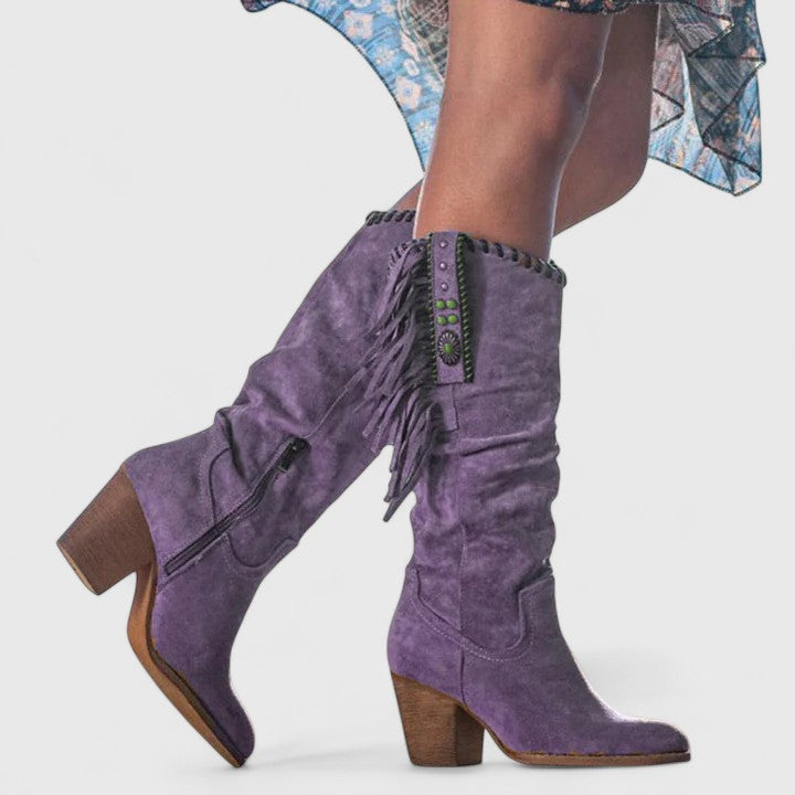 Women's Boho Fringe Embroidered Block Heel Western Knee-High Boots