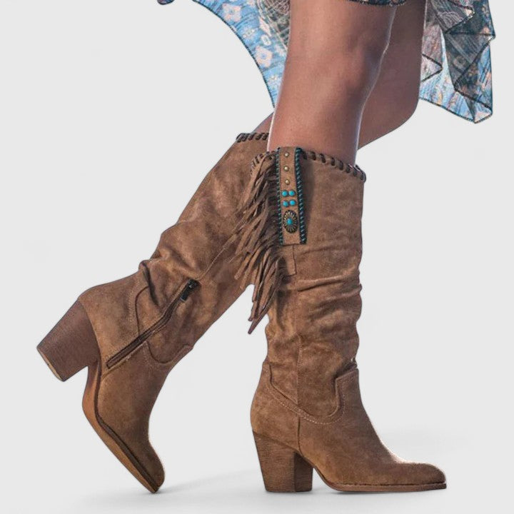 Women's Boho Fringe Embroidered Block Heel Western Knee-High Boots