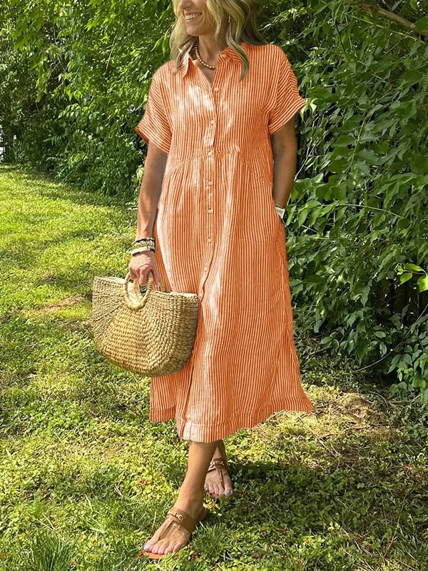 Women's Striped Button Front Midi Shirt Dress Short Sleeve