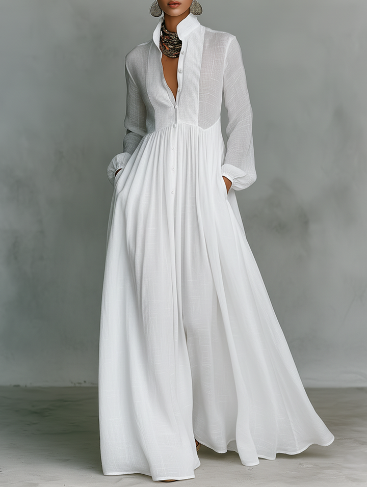 Women's Long Sleeve Button Front Flowy Maxi Dress