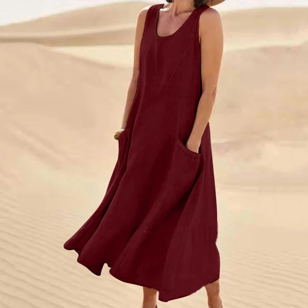 Women's Sleeveless Linen Maxi Dress with Side Pockets