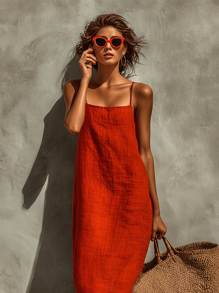 Women's Cotton Maxi Dress Spaghetti Strap Square Neck