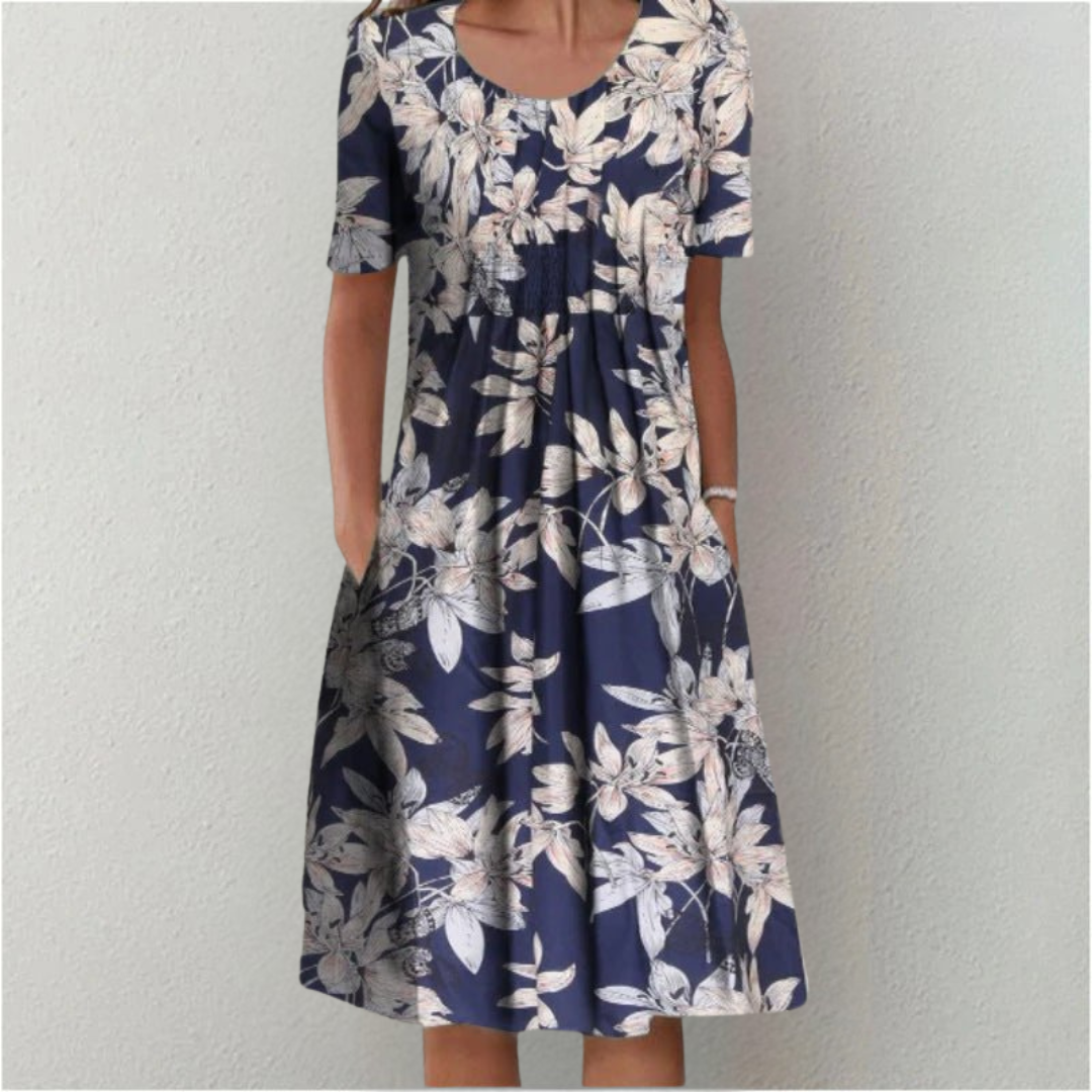 Women's Floral Midi Dress Short Sleeve Round Neck Pockets