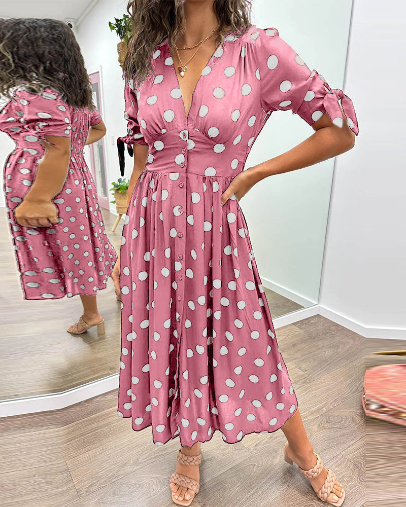 Women's Polka Dot V-Neck Midi Dress with Belt