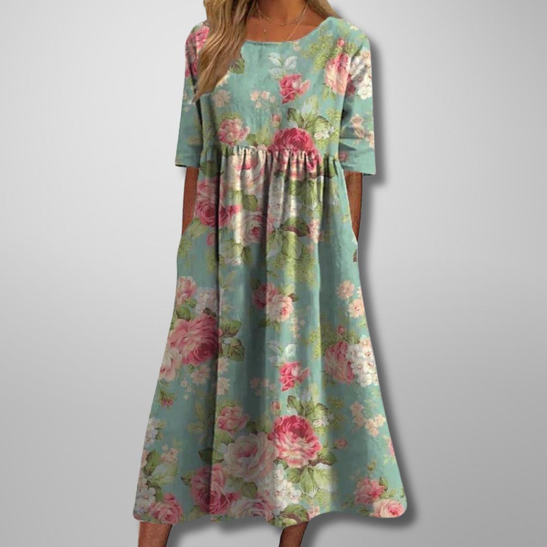Women's Floral Print Round Neck Flowy Midi Dress