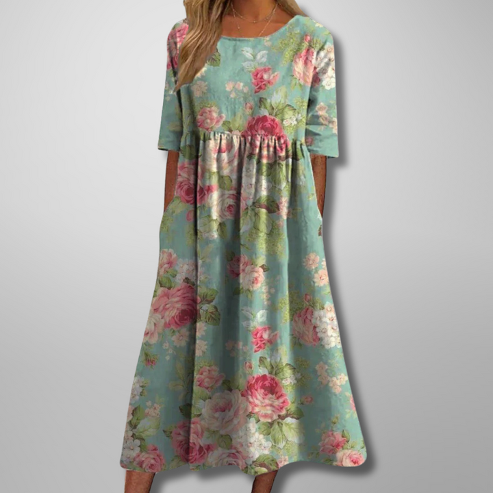 Women's Floral Print Round Neck Flowy Midi Dress