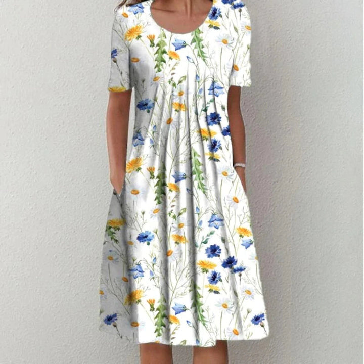 Women's Floral Midi Dress Short Sleeve Round Neck Pockets