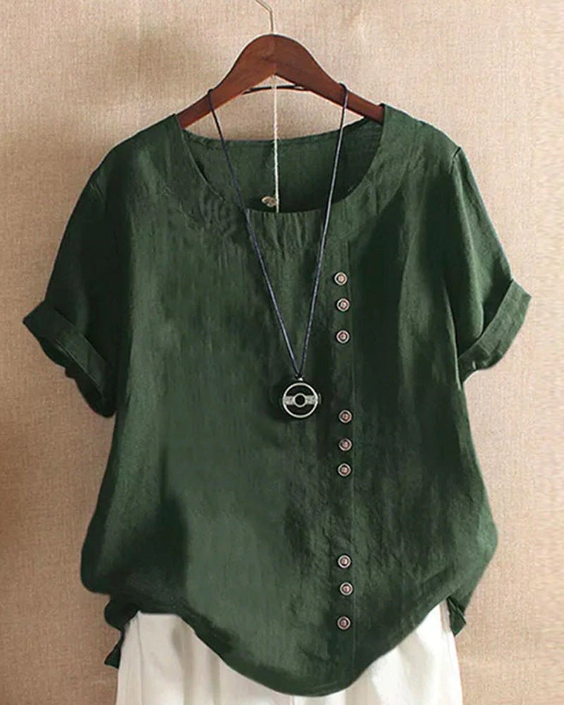 Women's Linen Button Front Crew Neck Short Sleeve Top